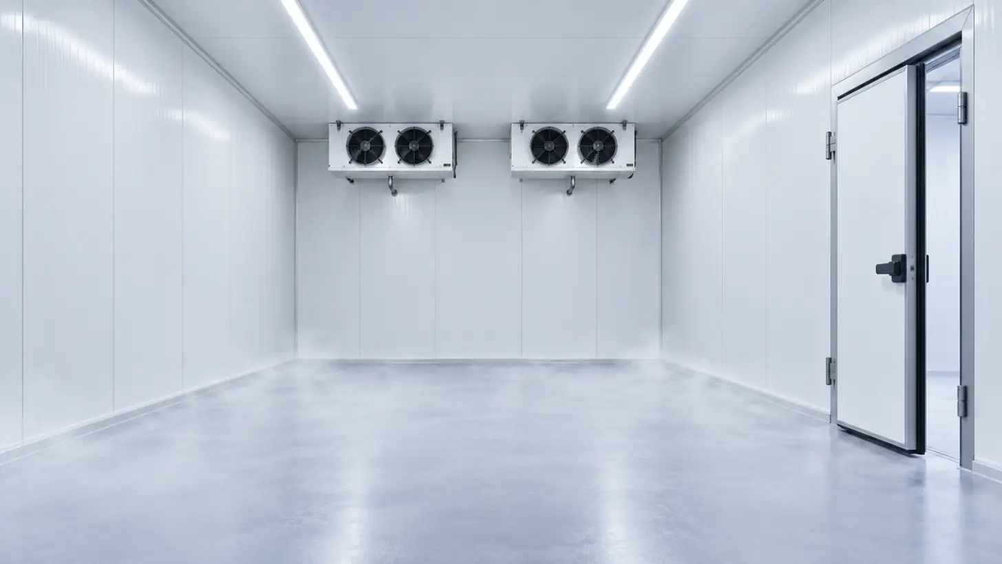 Empty walk-in cold room built from white insulated panels with two ceiling evaporators